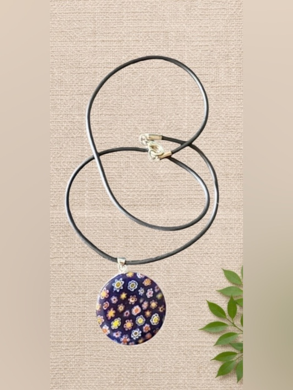 Blue Floral Pendant Necklace on Black Cord